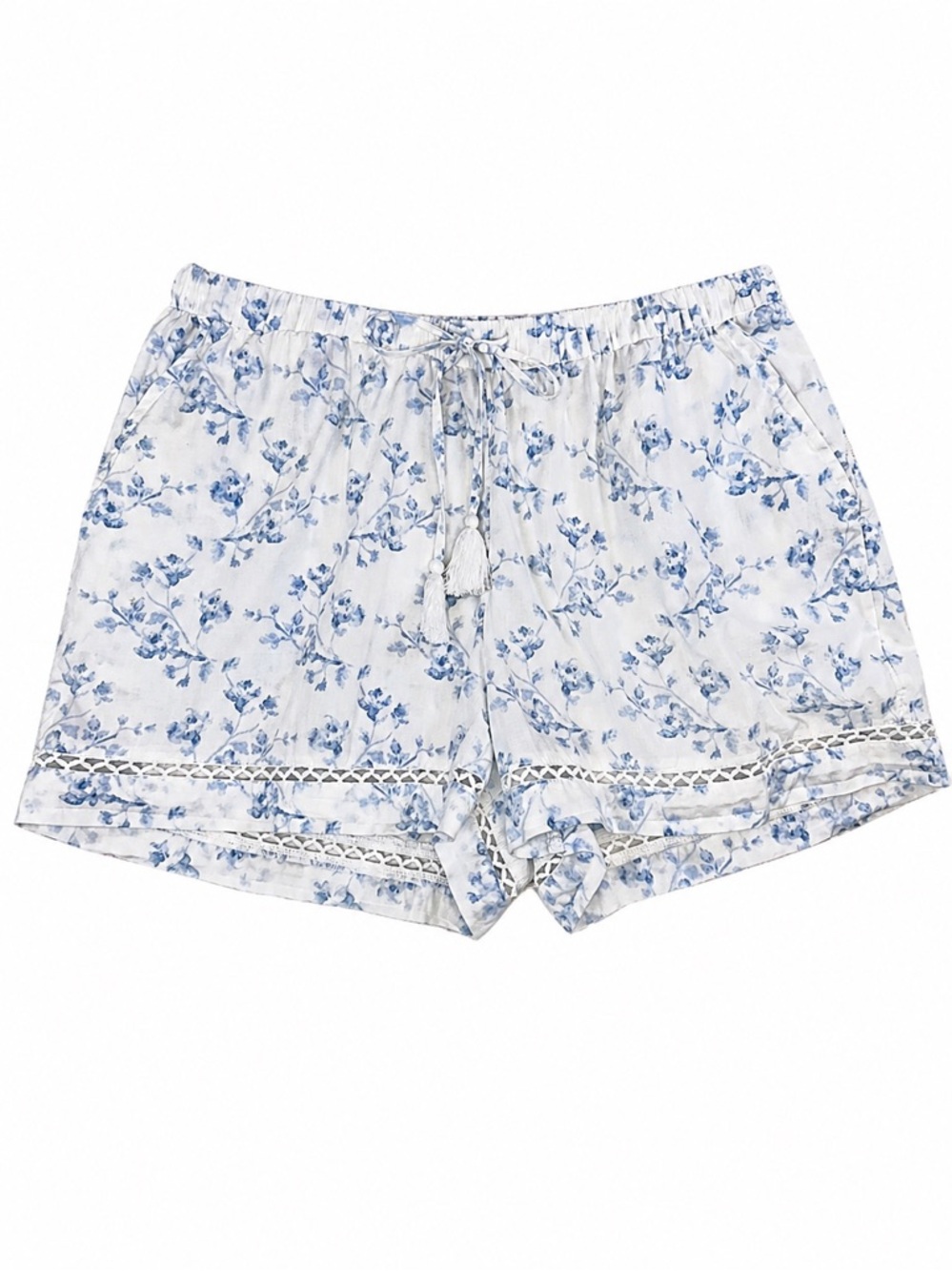 Caroline Constas Sleep Shorts Blue White Floral Cotton Tassel Lounge Pajama M